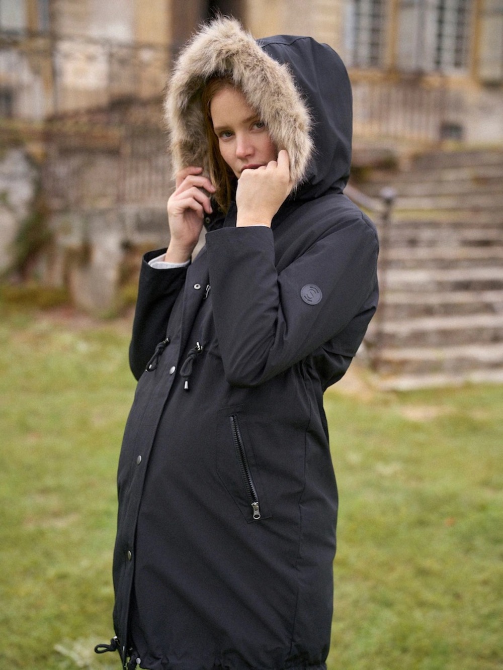 Maternity Parka NWT By Seraphine Coat Jacket Size 2 Black Hooded Fur Tie Waist